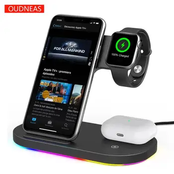 

15W Qi Fast Wireless Charger Stand for iPhone 12 11 XR X 8 Apple Watch 3 in 1 Charging Dock Station for Airpods Pro iWatch