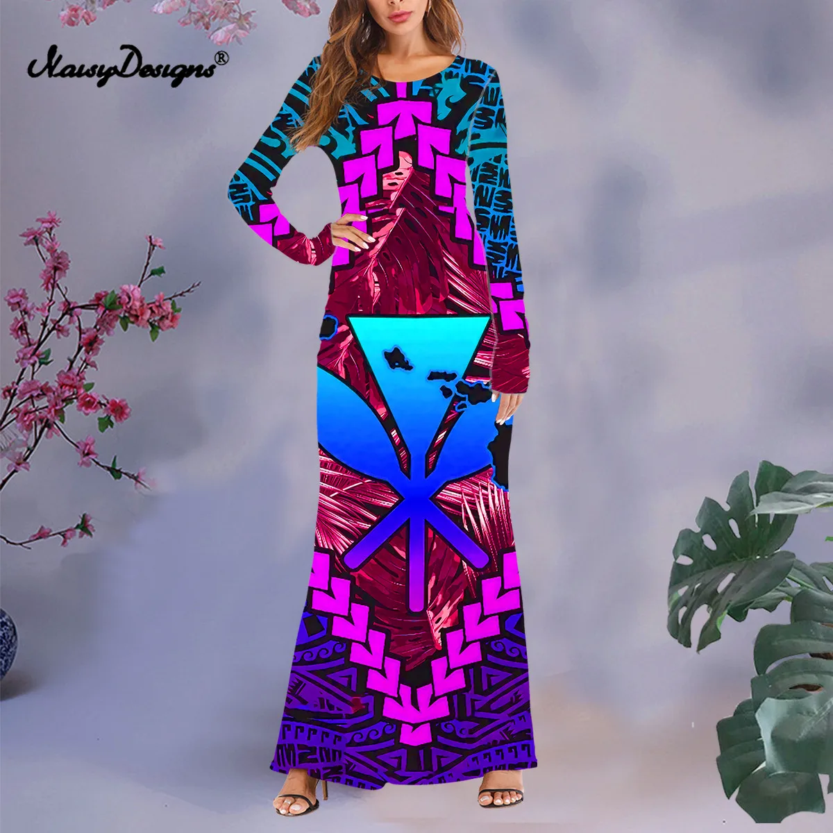 

Noisydesigns Blue 3D Hawaiian Hibiscus Floral Prints Women Long Dresses Sexy Lady Bodycon Robe Vestido Night Gown Party 4XL