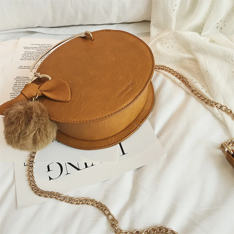 

Autumn And Winter New Style Burst Crack Sweet Ladies' Fuzzy Ball Pendant Small round Bag Bow Shoulder Cross-body Handbag
