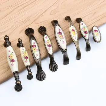 

1Pcs Door Handles Alloy Knobs Vintage Rural Flower White Bronze Ceramic For 8 Sizes Cabinet Cupboard Kitchen Accessories