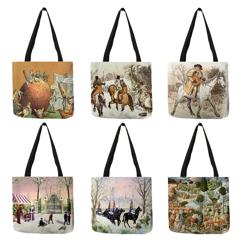 

Personalized Customized Womens Designer Tote Bags Handbags Riding on Horses in Snow Painting Shopping Bag Foldable B13199