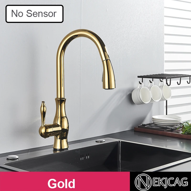 Polished Gold Sensor Kitchen Faucet 360 Rotation Pull Out Spary Single Handle Cold Hot Mixer Tap Sensitive Touch Sink Crane white undermount kitchen sink Kitchen Fixtures