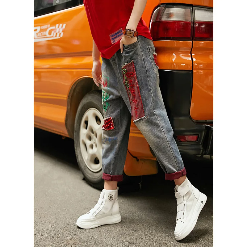 Red Patchwork Max LuLu осенние корейские модные женские брюки с принтом женские Лоскутные свободные джинсы винтажные негабаритные Брюки Повседневная Уличная одежда - Цвет: Red Patchwork