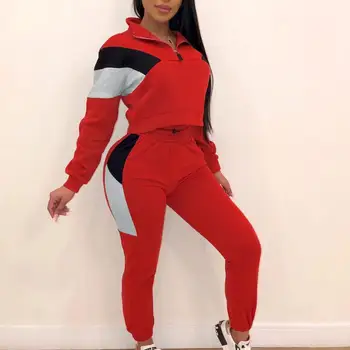 

Women Casual Patchwork Sporty Two Piece Set Short Winter Long Sleeve Active Wear Workout Traksuits Top Pants Sets