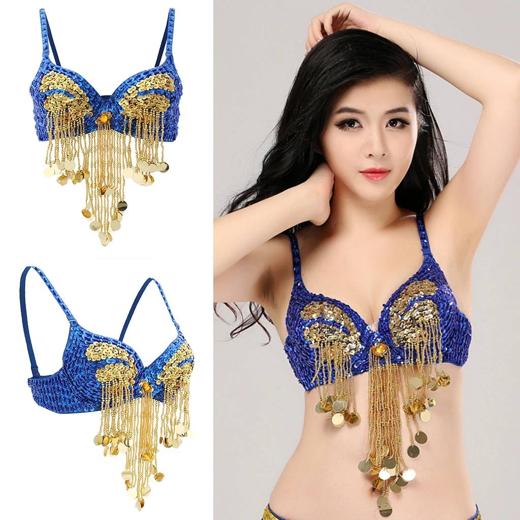 Women Sparkling Sequins Tassels Bra Top Raves Belly Dance Club Wear