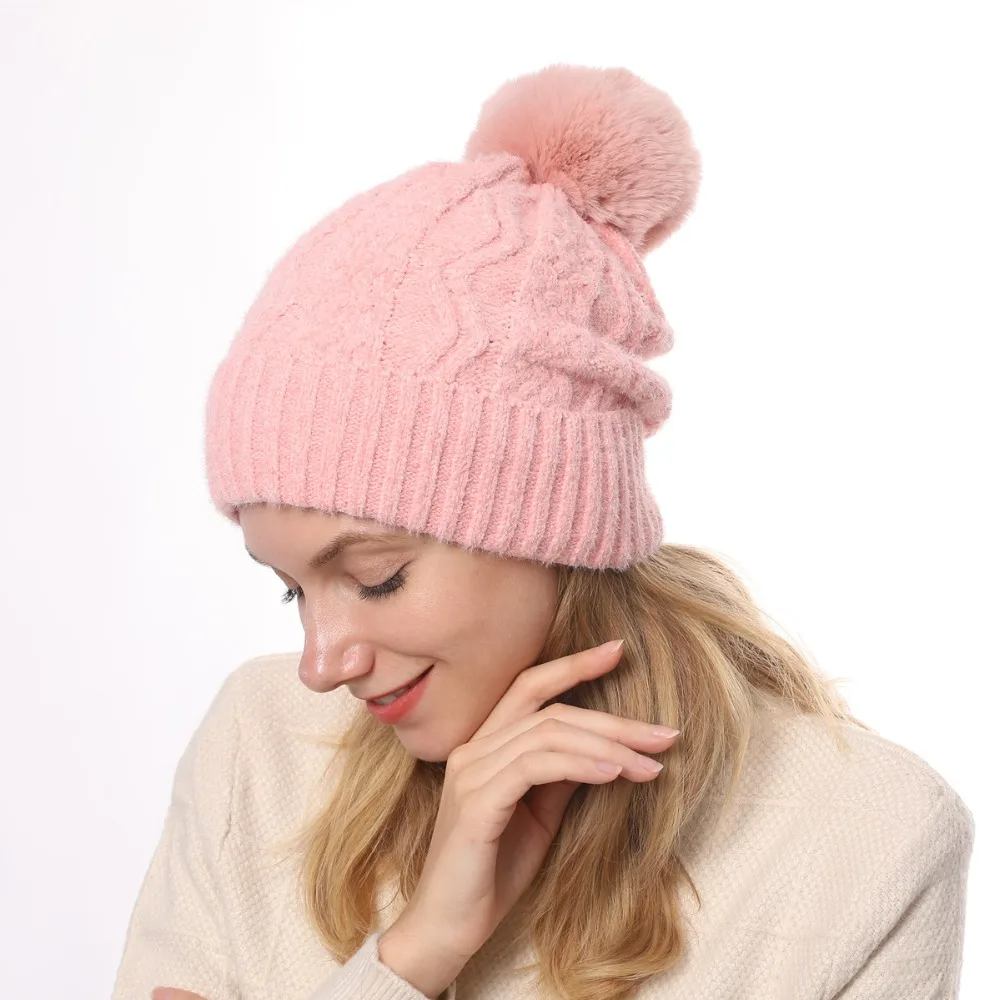 Новые модные зимние шляпы для женщин, теплая меховая шапка с помпоном для девочек, пуховые головные уборы, одноцветные ворсовые повседневные наушники, шапочка