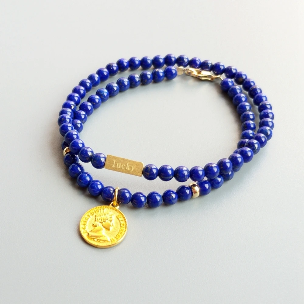 LiiJi Unique Genuine Lapis Lazuli 4mm Beads with S925 Sterling Silver Gold Color Coin Charm or Lucky Triangular Charm Bracelet