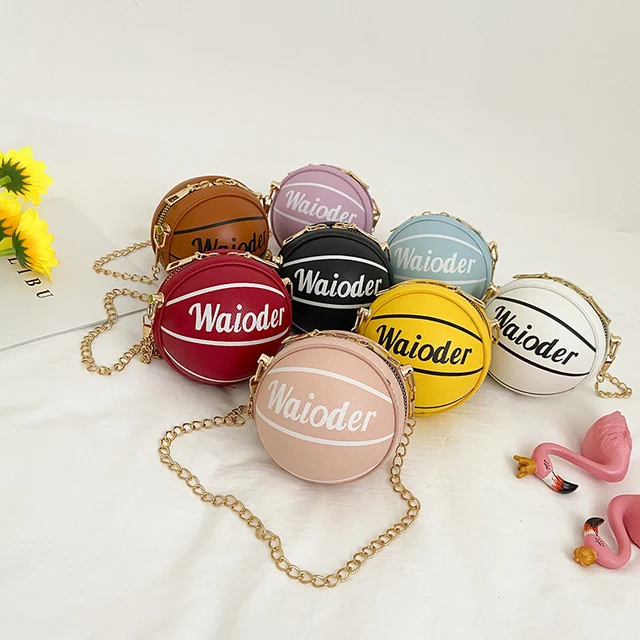 Kids Basketball Messenger Bag Children Girls Leather Round Crossbody Pack Metal Chain Strap For Holiday Travel 1