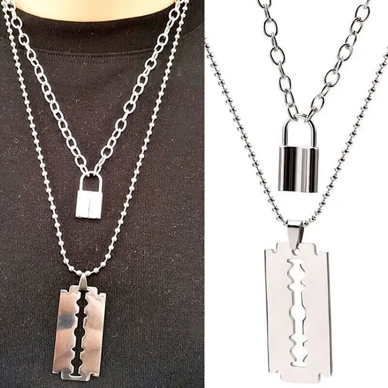 

Punk Double Layer Lock Link Chain Necklace Padlock Blade Pendant Necklace Women