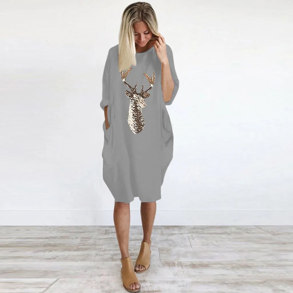 O Neck Long Pocket Christmas Dress