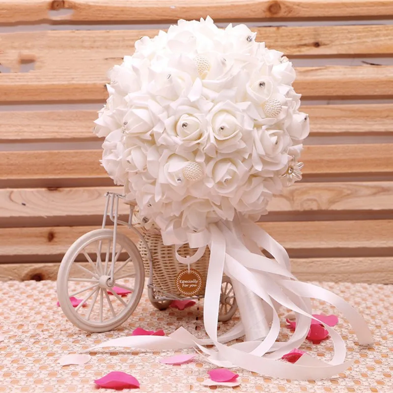 

White Artificial Rose Head Rhinestone Embellished Bride Holding Flowers Wedding Supplies Photography Props Bridesmaid Bouquet