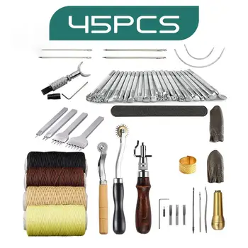 

45PCs Hand Sewing Stitching Punch Carving Kit Work Saddle Groover Thread Tracing Wheel Tailor Handmade Leathercraft Accessories