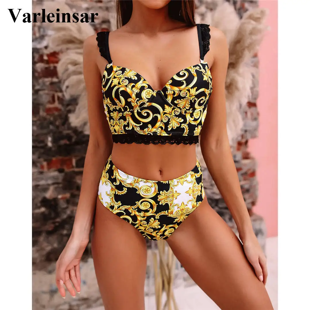 Female Swimsuit Bikini-Set Lace-Straps Two-Pieces High-Waist Sexy Women with V2282 New