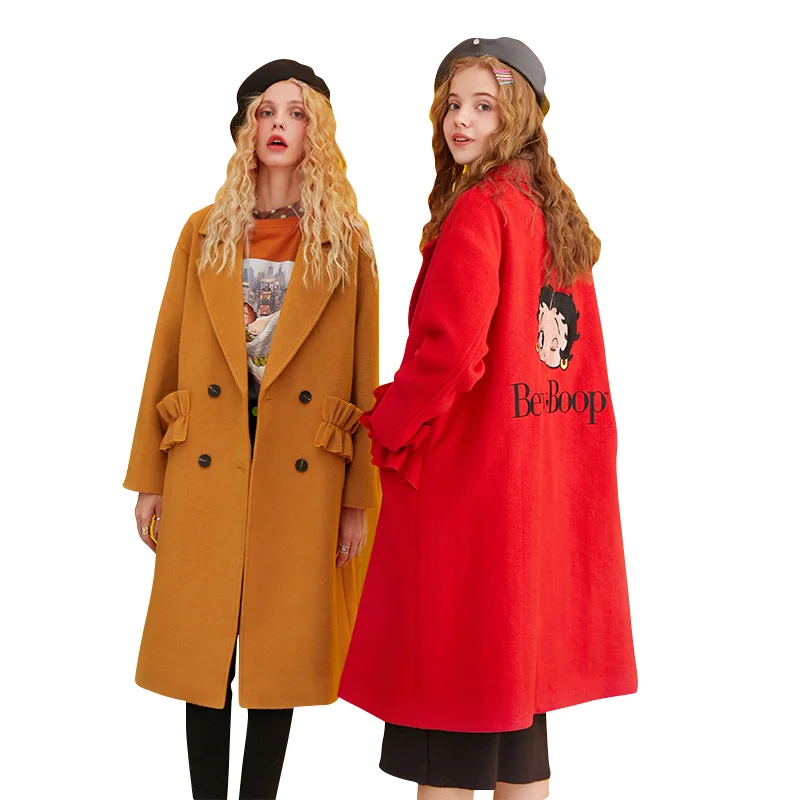 ELFSACK, одноцветное, с принтом Бетти, прямое, двубортное, шерстяное пальто для женщин, Осень-зима, с оборками, с карманами, повседневная женская верхняя одежда