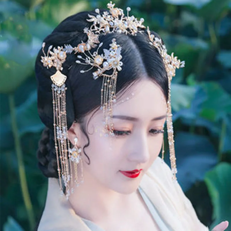 QIANJI китайский головной убор Hanfu для невесты, полный набор волос с бахромой, Шпилька с кисточками, антикварные аксессуары для волос с аксессуарами