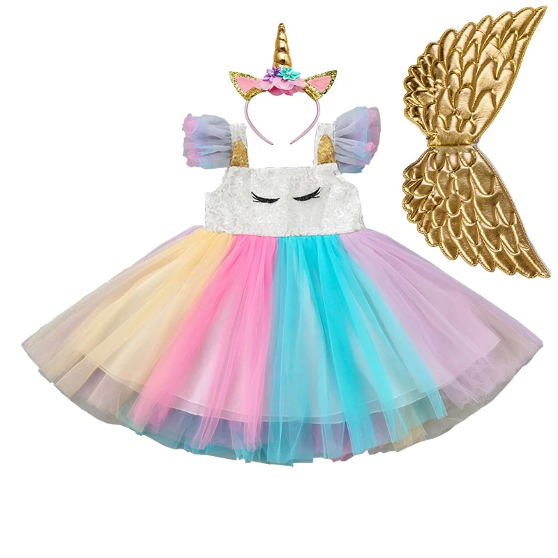 Радужные костюмы единорогов для девочек, платье-пачка с единорогом+ повязка на голову+ крылья, 3 предмета, праздничные вечерние платья принцессы для девочек, От 2 до 7 лет - Цвет: style F