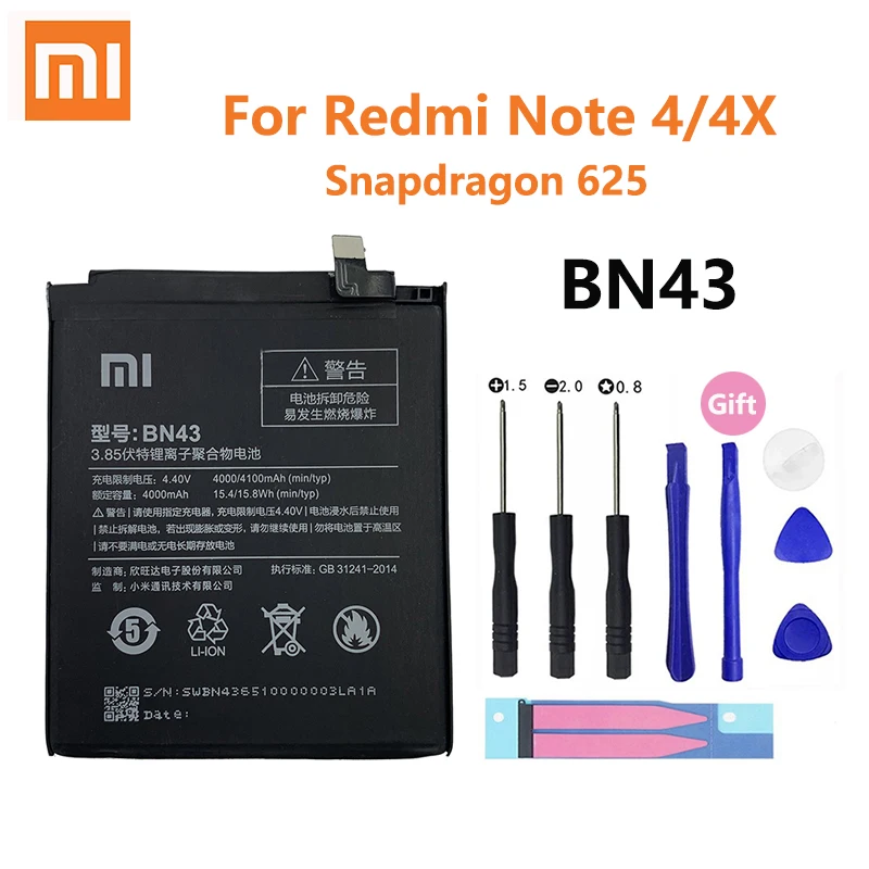 100% оригинал Xiaomi Redmi Note 4 4X 4X4100 мАч BN43 для Global Snapdragon 625 Аккумулятор Batterie Bateria