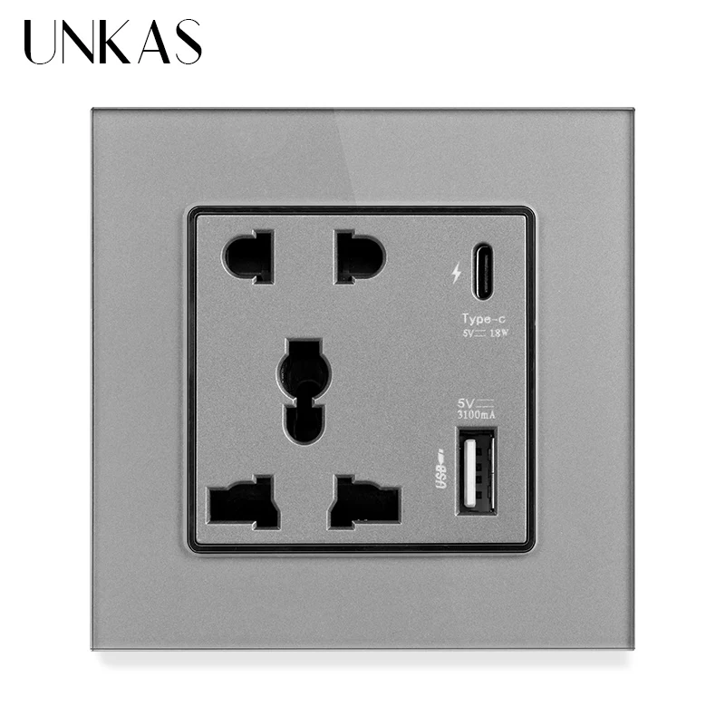 Presa Unkas Tipo-C 18W 3100Ma Smart Quick Charge Wall Glass Panel Presa Di Corrente Universale A 5 Fori Con Interfaccia Usb
