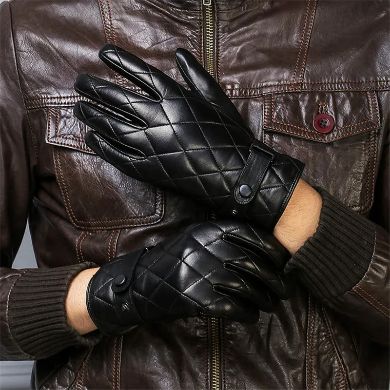 

Real Leather Gloves Male Autumn Winter Plus Velvet Thicken Classic Fashion Plaid Embroidery Sheepskin Man's Gloves DQ1911