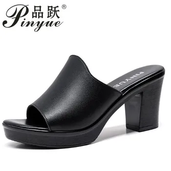 

Ladies Summer Slippers Genuine Leather Shoes Women Fashion Summer Shoes High Heels size 35--41