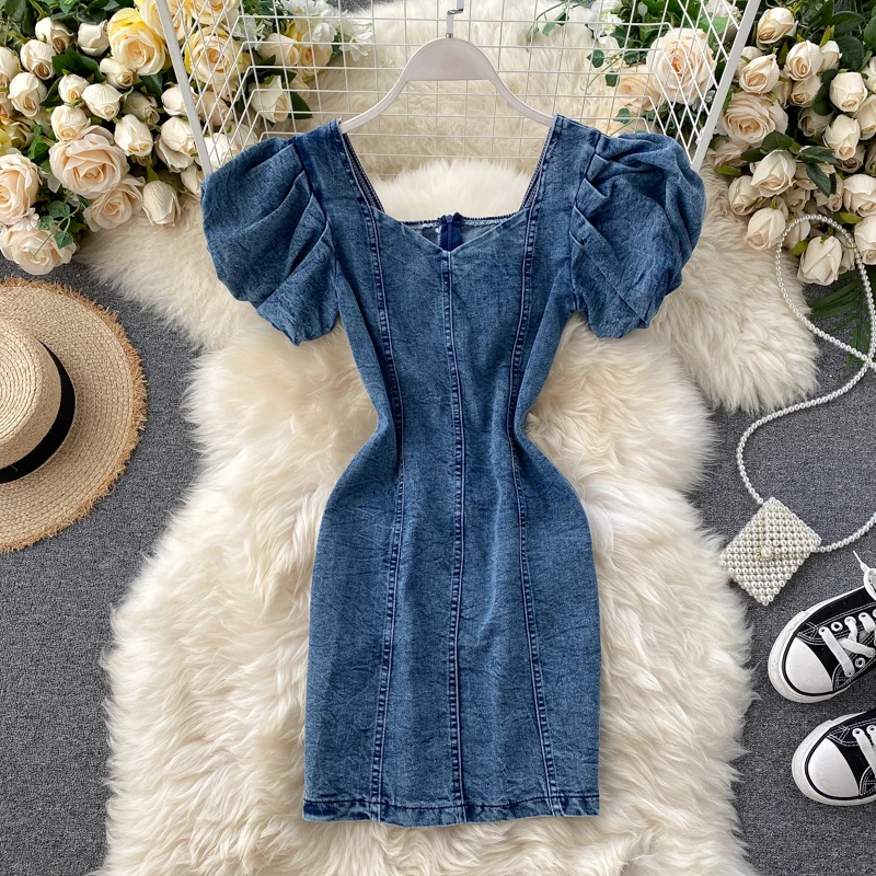 DEAT 2020 New Summer Fashion Tide Square Collar Vintage Solid High Waist Zipper Slim Puff Sleeve Denim Dress Women SB760