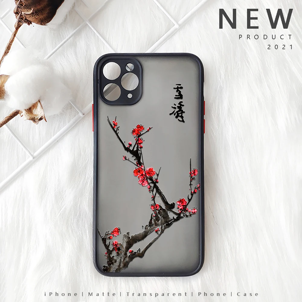 Plum Blossom Flower Iphone 13 12 XS 11 Pro Max Mini Chinese Style Painting Case for  X XR SE2020 7 8 Plus Red Floral Design Case