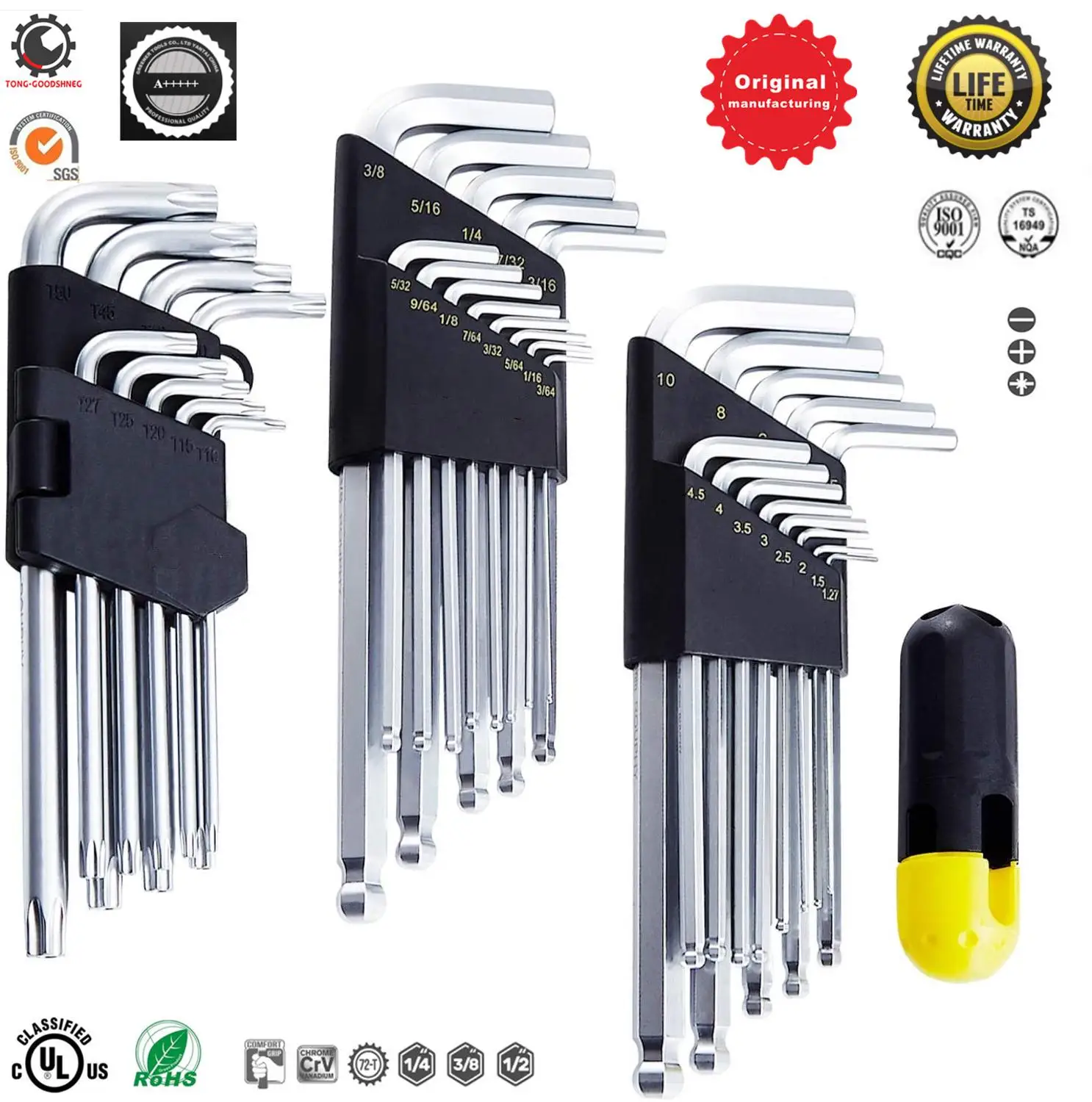 SAE & Metric,S2 Steel,Pearl Nickel Surface,Gift for men KATA 18PCS Hex Key Allen Wrench Set,Long Arm Ball End Allen Wrench 