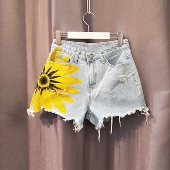 

2020 New Sunflower Print Denim Women Shorts Holes Pockets Tassel Hot Shorts Streetwear Fashion Zipper Button Denim Shorts