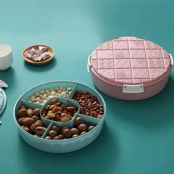 

Cute Snack Serving Container Appetizer Tray Round Dried Fruit Organizer Divided Candy Nut Platter Dish with Lid (Blue)