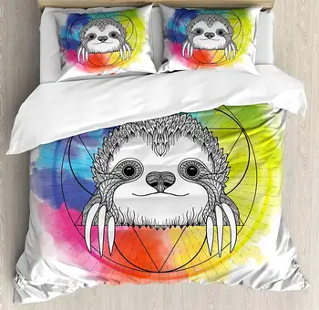 

Humor Duvet Cover Set Rainbow Colored Backdrop Image with Sketchy Happy Smiling Cartoon Sloth Art Print Decorative 3 Piece Bed