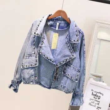 

Femalerivet Beading Denim Jacket Solid Women Zipper Pockets Loose Coat Fall 2019 Winter Cool Short Girl Outwear