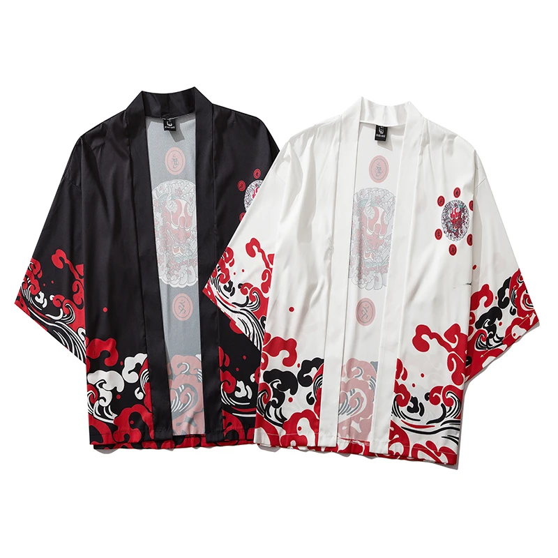 Bebovizi Harajuku Kimono Men Japanese Thin Kimono Streetwear Traditional Cardigan Samurai Yukata Demon Haori Obi