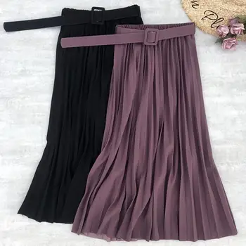 

2020 Autumn Casual Fashion Skirt High Waist Pleated Skirt Multi-Color Mid-Length Commuter A- line skirt Belt Included