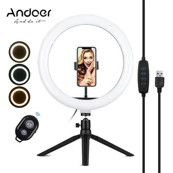 

Andoer 10 Inch LED Ring Light Photography Ringlight with Phone Holder Mini Tripod Remote Shutter for Live Video Selfie Makeup