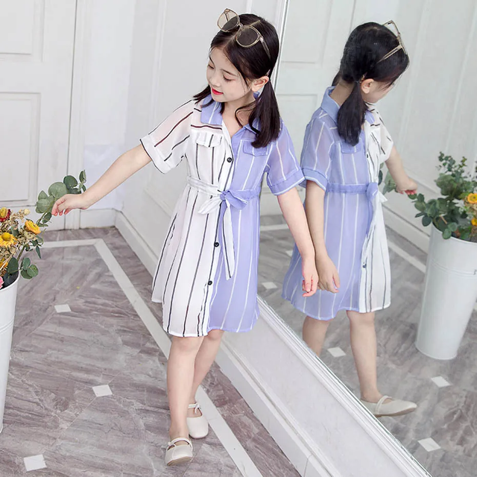 Girls Summer Dress Striped Blouse Dress for Girl Patchwork Kid Shirt Teenage School Costume for Girls girls dress kids clothes