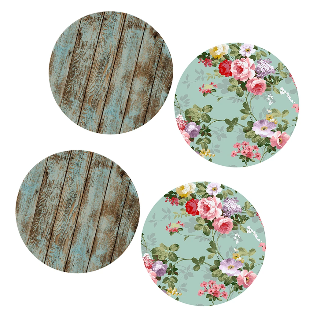 2Pcs Table Cover Round Tablecloth Floral&Shabby Wood Pattern Reusable Polyester Home Kitchen Decoration