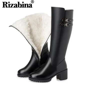 

RIZABINA Real Leather Women Knee High Boots Round Toe Side Zipper Thick Heels Shoes Winter Plush Warm Women Footwear Size 35-43