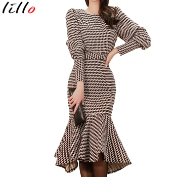 

Women Two Piece Outfits Houndstooth Lantern Sleeve + Waist Pack Hip Fishtail Skirt Two-piece Winter New High-end Slim Elegance