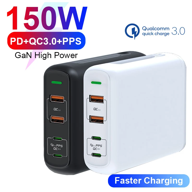 

PD USB 150W QC 4.0 3.0 GaN Quick Charger With Dual Type C 100W PPS Fast Charging Adapter for MacBook Pro,Lenovo, iPhone,Huawei