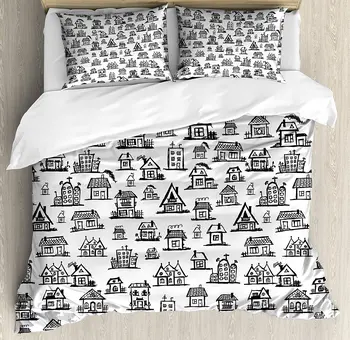 

City Duvet Cover Set Village Houses Hand Drawn Monochrome Doodle Architecture Pattern Buildings Town Scene Bedding Set