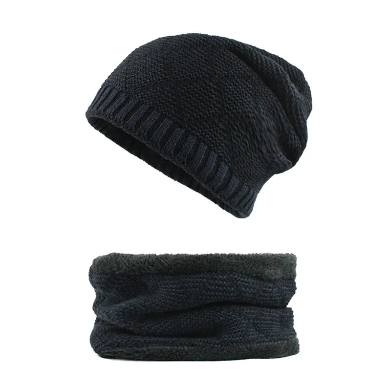 Knitted Hats For Men Winter Scarf Warm Thick Fluffy Slouchy Hats Outdoor Long Beanie Ribbed Casual Breathable Gorros - Цвет: Navy Blue Set