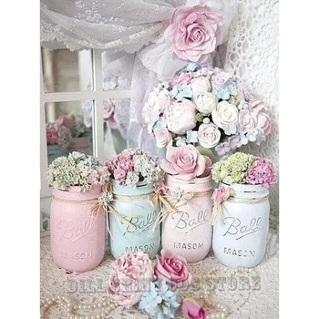 

5D DIY Diamond Embroidery Shabby Chic Mason Jars,Flowers Full Diamond Painting Cross Stitch Mosaic Kit Needlework Home Decor Art