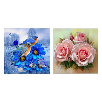 

2 Set 5D Diamond Painting Embroidery Handmade Rhinestone Cross Stitch Home Decor, Bird on A Blue Flower & Pink Rose