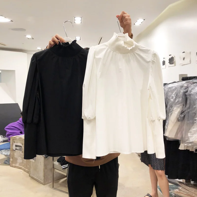 2020 Spring New Turtle-Neck Puff Sleeve Blouse Ladies White Shirt Temperament Long-Sleeve Solid Color Blouse Blusa Mujer Blusas - 4.00068E+12