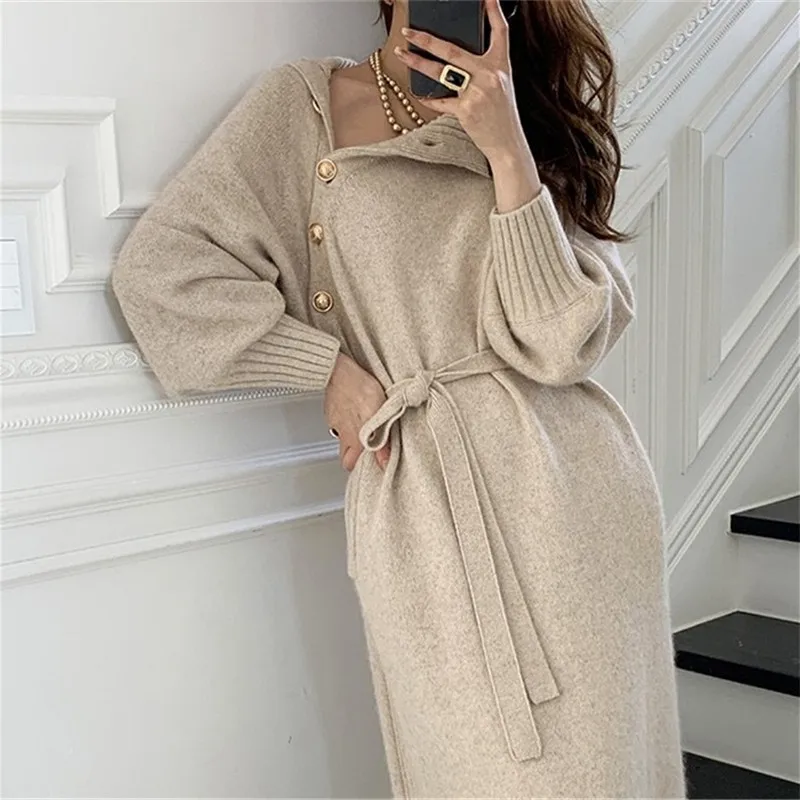 

Winter Turtleneck Buttons Women Knitted Dress Elegant Full Sleeve Lace-up Female Thicken Long Sweater Dress For New Year 2021