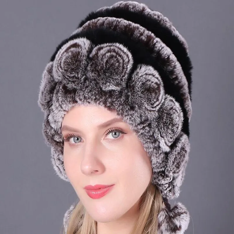 

winter hats for girls women's fur hat real rex rabbit Cap floral Knitted Hat with balls skulls beanies 55-59cm