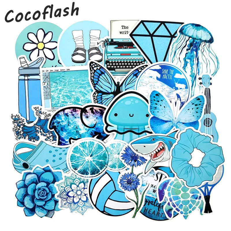 50 Pcs INS STYLE Custom Stickers Blue Ocean Flower Cartoon Animals Seahorse Shark Dolphins Stationery Sticker Waterproof