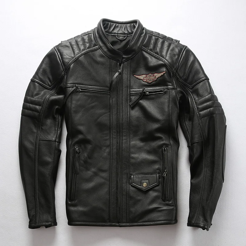 Мужская винтажная стильная мотоциклетная кожаная куртка, брендовая мужская мотоциклетная куртка из коровьей кожи, приталенная мужская куртка из натуральной кожи