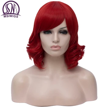 

MSIWIGS Red Short Wig with Side Bangs Cosplay Wigs for Women Synthetic Wavy Wig Purple Blue Pink Green Hair