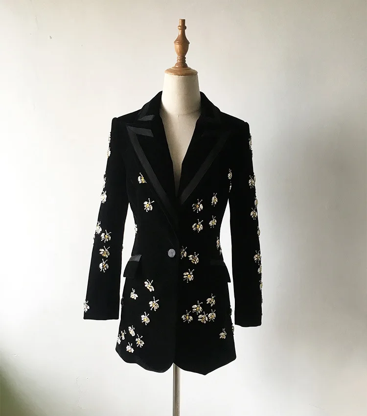 elegant Top women coats Designer Fashion Bees Beading diamond Long Blazers Notched Black Velvet Slim suit jacket Plus Size